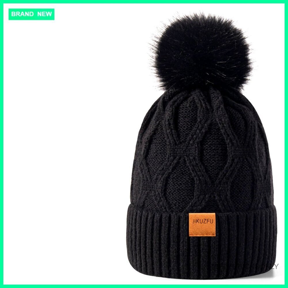 Fleece Lined Winter Beanie Hat with Pom Pom One Size Fits Most